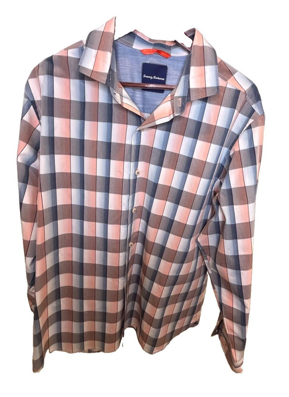 Tommy Bahama Men’s Large Plaid Button Down Shirt Pink Gray Blue 100% Cotton